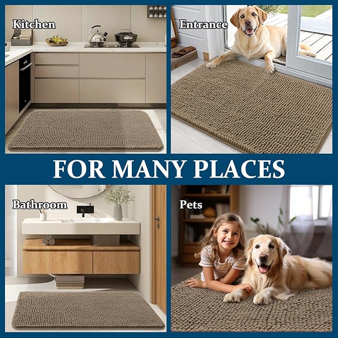 OLANLY Dog Door Mat for Muddy Paws 59x35, Absorbs Moisture and Dirt, Absorbent Non-Slip Washable Doormat, Quick Dry Chenille Mud Mat for Dogs, Entry Indoor Entryway Carpet for Inside Floor, Tan