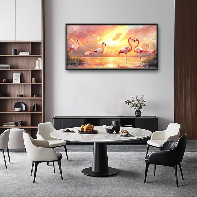 Large Flamingo Wall Art for Living Room, Framed Oversized Sunset Lake Wall Decor Landscape Canvas Painting Pictures Modern Artwork for Living Room Bathroom Bedroom Office Dining Room 60"x30"