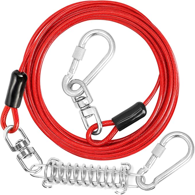 jenico Dog Tie Out Cable - 25ft Dog Lead for Yard - Heavy Duty Dog Chain with Shock Spring - Outdoor Tether Leash for Small Large Dogs Up to 500 lbs