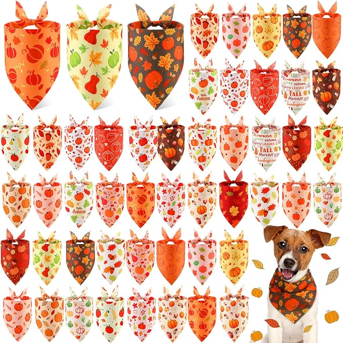 Abbylike 50 Pcs Fall Dog Bandanas Bulk Pumpkin Bandanas for Dogs Triangle Kerchief Bibs Scarf for Small Medium Large Pets Autumn Thanksgiving Costume Accessories, 25 Styles (25.6 x 17.7 x 17.7 Inch)
