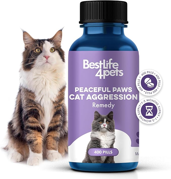 Anti Aggression for Cats Calming Remedy, A Natural Diffuser and Cat Calming Aid for Stress, Spiteful Spraying, Scratching & Territorial Behavior, Non-Drowsy, 400 Odorless, Tasteless Pills