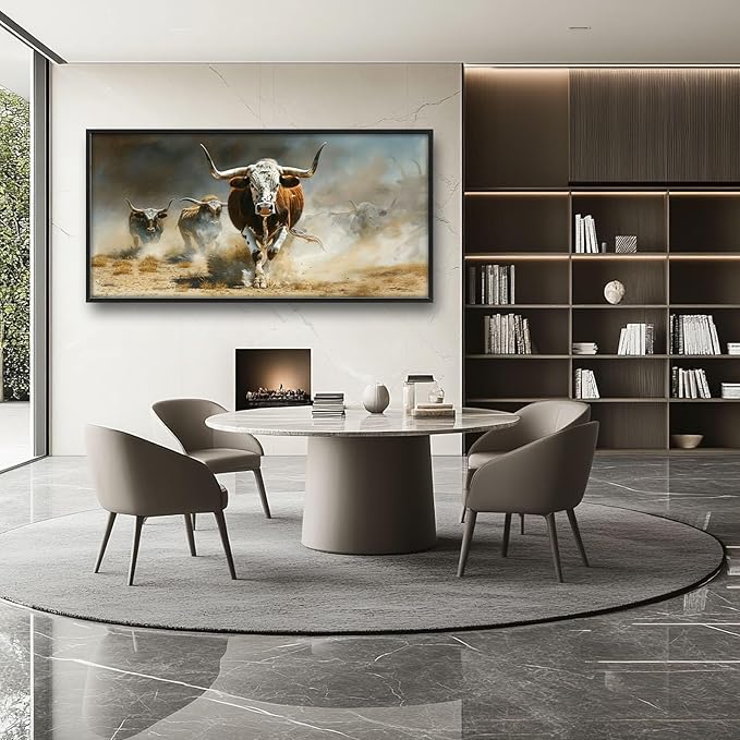 Highland Cow Large Wall Art Western Running Longhorn Pictures Rustic Wild Animal Wall Decor Canvas Print Painting Artwork for Bathroom Living Room Bedroom 60L" x 30W"