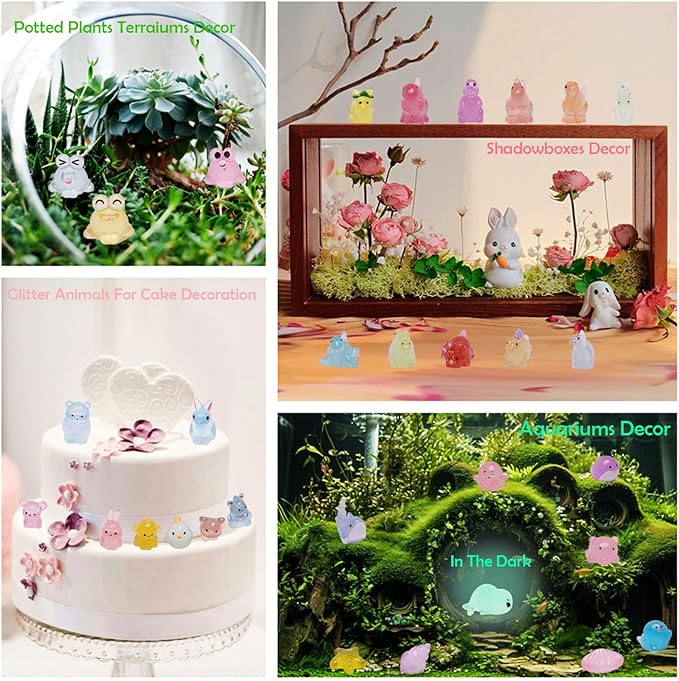72 Types Luminous Mini Resin Animals, Plastic Tiny Resin Animals to Hide Prank,Mini Animals Figures for Fairy Garden, Dollhouse,Terrariums, Potted,Cake Topper, Miniature Landscape Ornament