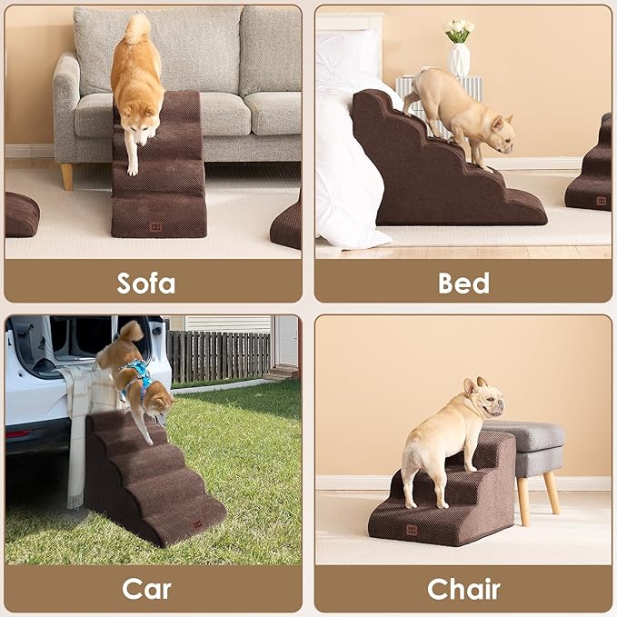 EHEYCIGA Curved Dog Stairs Ramp for Small Dogs 15.7" H, 3-Step Dog Steps for Couch Sofa and Chair, Pet Stairs for Cats, Non-Slip Balanced Pet Steps Indoor, Brown