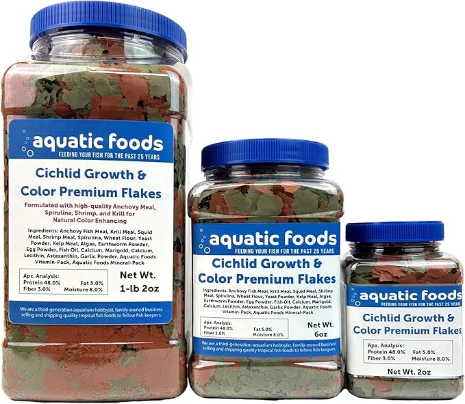 Aquatic Foods Inc. Premium Cichlid Growth and Color Enhancing Flakes with Spirulina, Color Enhancing Astaxanthin Also Pellet Mix, Wafer Mix Included…6oz
