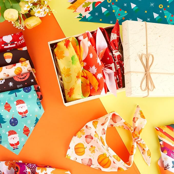 Chunful 30 Pcs Holiday Dog Bandanas Bulk for Fall Thanksgiving Halloween Christmas with Maple Leaves Pumpkin Ghost Snowman Adjustable Triangle Pet Scarf for Small Medium Large 25.6 x 17.7 x 17.7 in