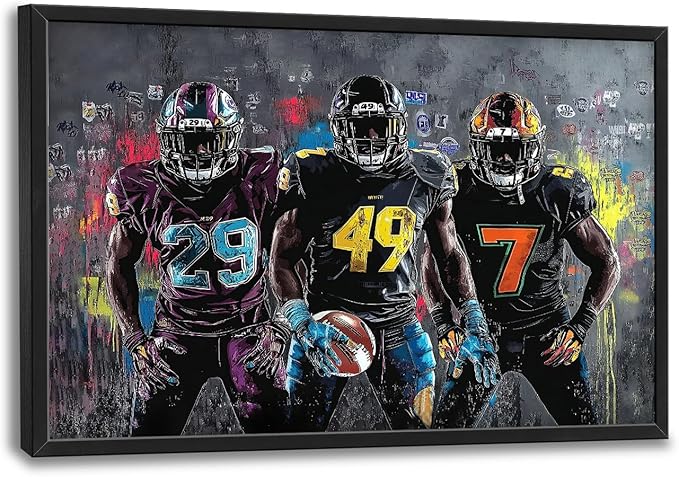 Large Rugby Player Wall Art for Living Room, Framed Oversized Graffiti Sport Wall Decor Cool Canvas Painting Pictures for Men Modern Artwork for Living Room Bathroom Bedroom Office Dining Room 36"x24"