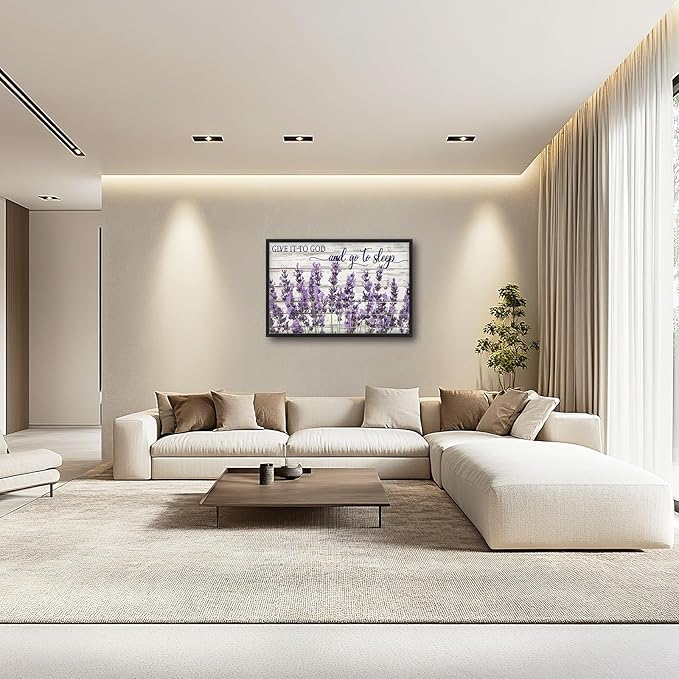 Large Lavender Wall Art for Living Room, Framed Oversized Rustic Floral Wall Decor Christian Give It To God Canvas Painting Modern Artwork for Living Room Bathroom Bedroom Office Dining Room 36"x24"