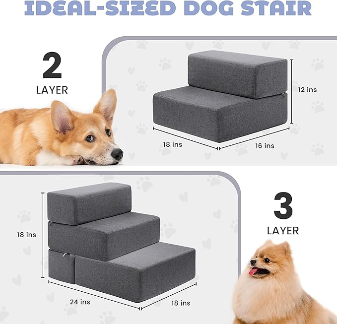 Foldable 18 Inch Wide Dog Stairs for Small Dogs, 12 Inch Height Foam Dog Steps for Bed & Couch, Linen Covered Pet Stairs for Dogs to Get on Bed, Indoor Foam Pet 2 Steps for for Cat and Puppy