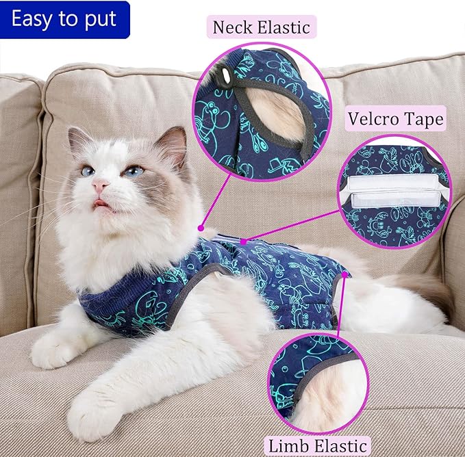 Cat Surgery Recovery Suit Cat Onesie for Cats After Surgery for Surgical Abdominal Wound Or Skin Diseases E-Collar Alternative Wear Neutering Bodysuit Wear (Dark-Blue-L)