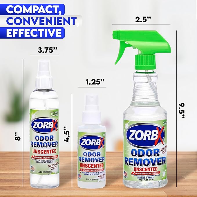 ZORBX Unscented Odor Eliminator for Strong Odor 16 Oz + 7.5 Oz + 2 Oz - Used in Hospitals & Healthcare Facilities - Advanced Formula, Fast-Acting Odor Remover Spray for Dog, Cat, House & Carpet