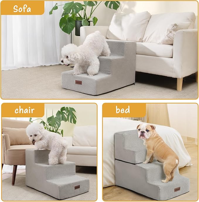 Dog Stairs for Small Dogs & Cats, 3-Step Extra Wide Non-Slip Pet Steps for Couch Sofa and Chair, Light Grey, 15.7" H