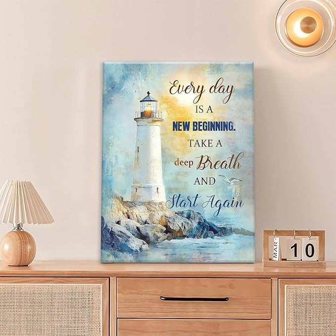 Ocean Lighthouse Pictures Wall Art, Coastal Nautical Bathroom Wall Decor Every Day is a New Beginning Motivational Quote Framed Painting Canvas Artwork for Bedroom Living Room Decorations 20"L x 16"W