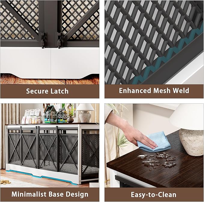 COZPAW 78 Inch Double Dog Crate Furniture, Extra Large Dog Kennel Indoor for Medium Large 2 Dogs, Heavy Duty Dog Cage Chew-Resistant Steel and Wooden Pet House with Removable Divider (White Brown)