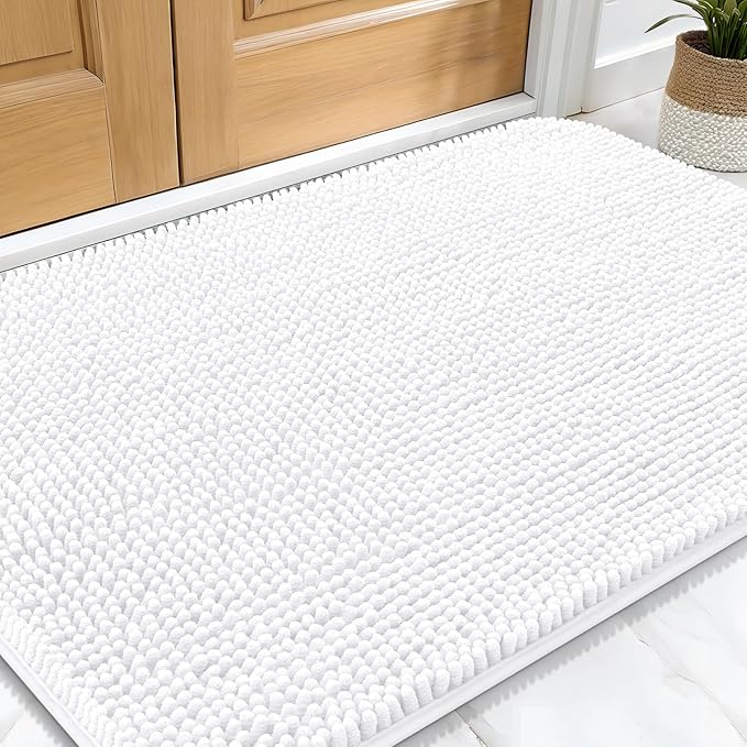 OLANLY Dog Door Mat for Muddy Paws 30x20, Absorbs Moisture and Dirt, Absorbent Non-Slip Washable Doormat, Quick Dry Chenille Mud Mat for Dogs, Entry Indoor Entryway Carpet for Inside Floor, White