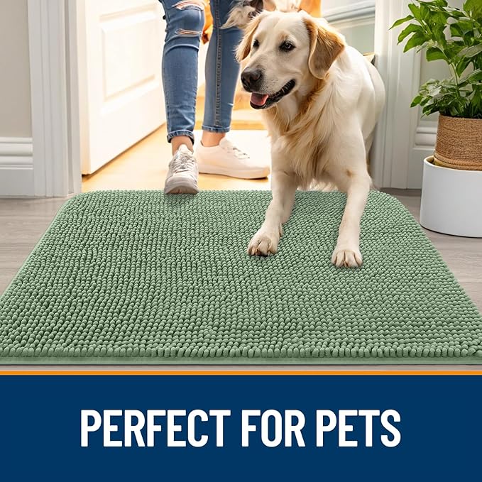 OLANLY Dog Door Mat for Muddy Paws 70x46, Absorbs Moisture and Dirt, Absorbent Non-Slip Washable Doormat, Quick Dry Chenille Mud Mat, Entry Indoor Entryway Carpet for Inside Floor, Olive Green