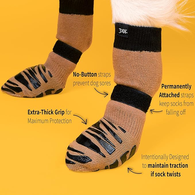 DOK TigerToes Premium Non-Slip Dog Socks for Hardwood Floors - Extra-Thick Grip That Works Even When Twisted - Prevents Licking, Slipping, and Great for Dog Paw Protection (Cool Caramel, Large)