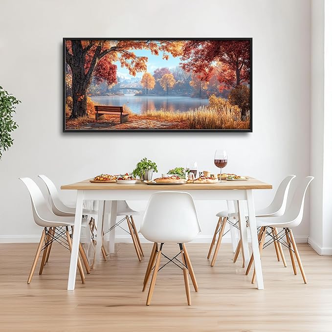 Large Autumn Tree Wall Art for Living Room, Framed Oversized Lake Landscape Wall Decor Nature Canvas Painting Modern Artwork for Living Room Bathroom Bedroom Office Dining Room 60"x30"