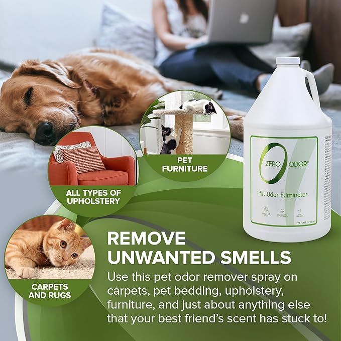Zero Odor - Pet Odor Eliminator for strong odor, Eliminate Air & Surface Odors – Patented Molecular Technology Best For Carpet, Furniture, Beds Smell Great Again (128 Ounces)