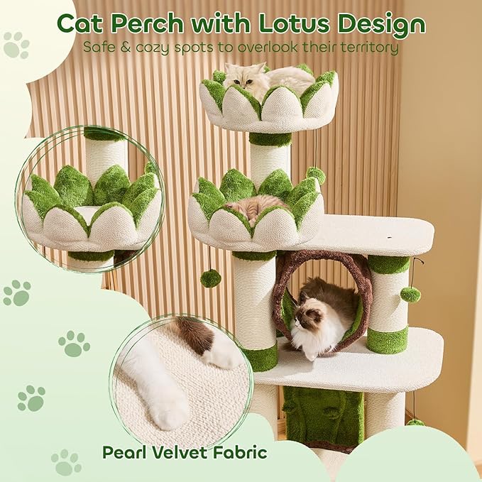 73‘’ Tall Flower Cat Tree for Indoor Cats Large Adult, Luxury Cat Tower with Scratching Post, Heavy Duty Modern Cat Furniture for Large Cats, Removable Mats, Multi-Level Cat House with Toy Ball