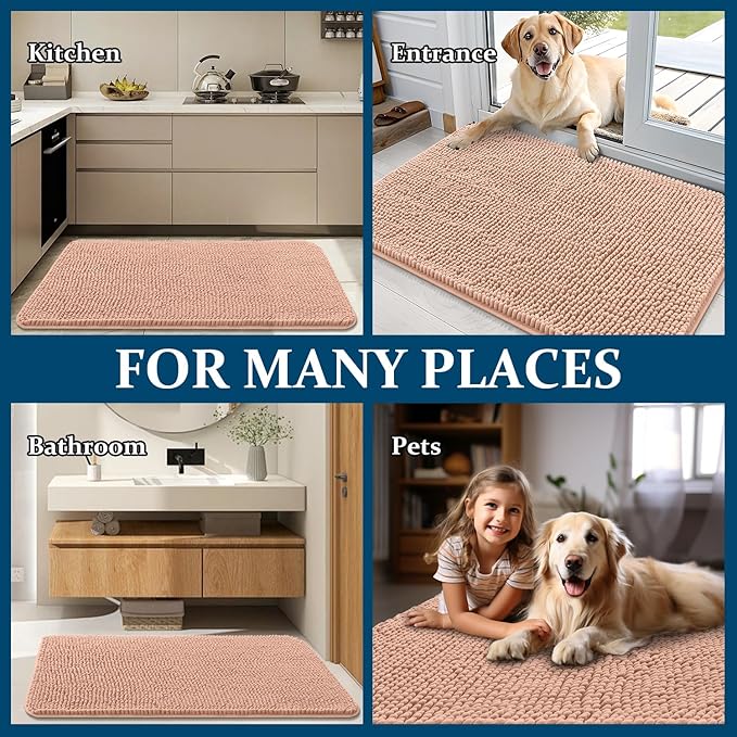 OLANLY Dog Door Mat for Muddy Paws 36x24, Absorbs Moisture and Dirt, Absorbent Non-Slip Washable Doormat, Quick Dry Chenille Mud Mat for Dogs, Entry Indoor Entryway Carpet for Inside Floor, Peach