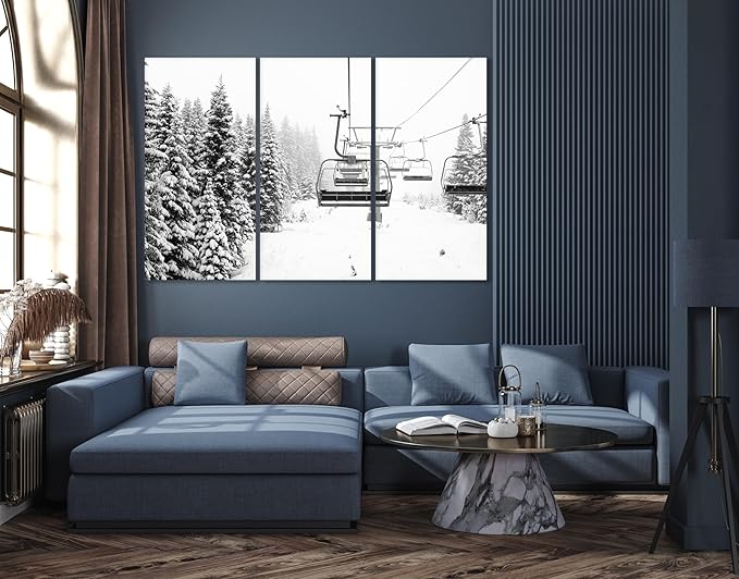 Nature Wall Art Prints - Ocean Forest Mountain Lake Canvas Landscapes - Small to Extra Large Living Room Bedroom Kitchen Bathroom Décor (Ski Lift on Snowy Mountain, 47L" x 71W" - 3 panels)