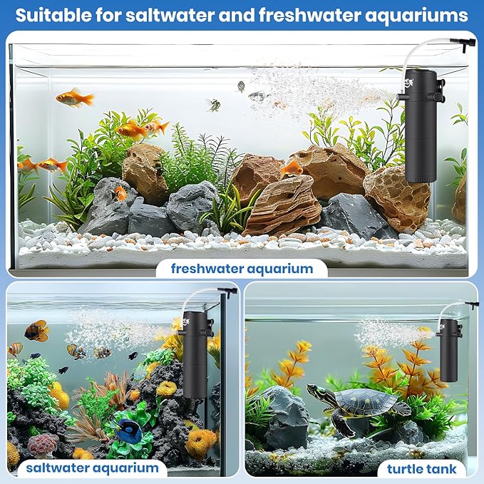 Aquarium Filter for 40-120 Gallon Tank, Fish Tank Filter with Wave-Maker Oxygenation Circulation, Adjustable Air Flow Filter for Freshwater & Saltwater, 4 in 1 Submersible Filter (12W)