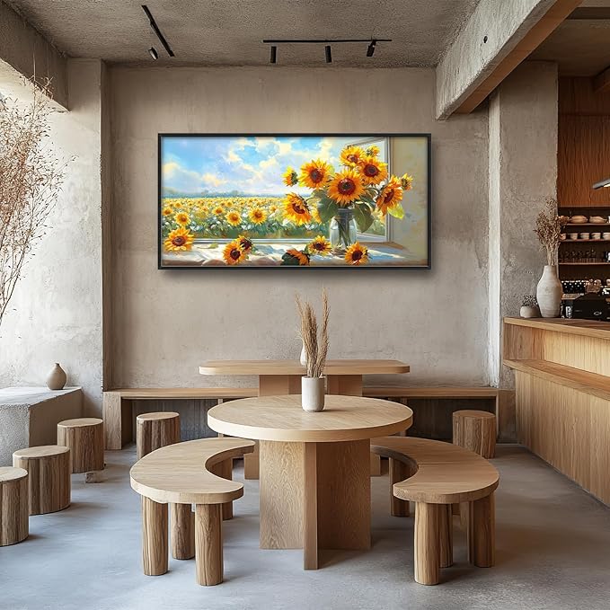 Large Sunflower Wall Art for Living Room, Framed Oversized Flower Field Wall Decor Nature Landscape Canvas Painting Modern Artwork for Living Room Bathroom Bedroom Office Dining Room 60"x30"