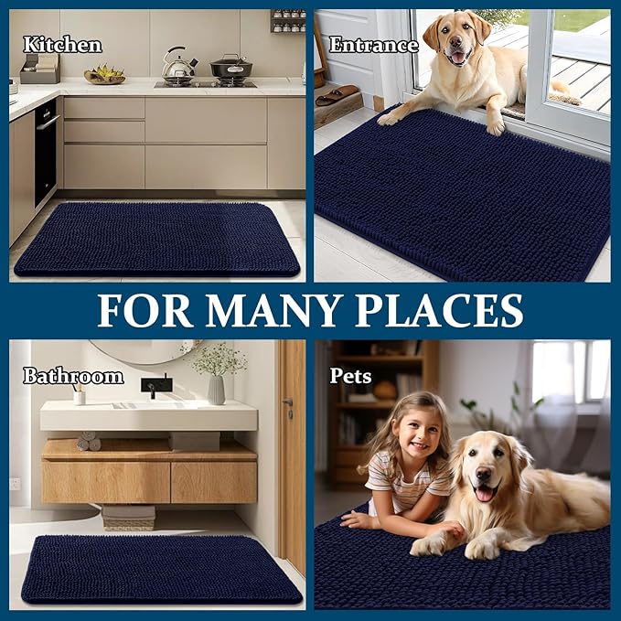 OLANLY Dog Door Mat Set 2-Piece 24x16, Absorbs Moisture and Dirt, Absorbent Non-Slip Washable Doormat, Quick Dry Chenille Mud Mat for Dogs, Entry Indoor Entryway Carpet for Inside Floor, Navy Blue