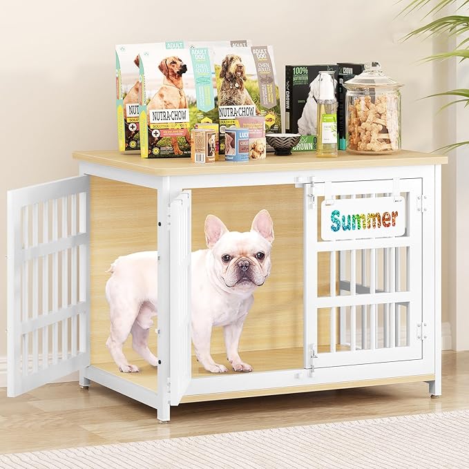 EasyCom 33" Dog Crate Furniture with Name Tag, Heavy Duty Dog Kennel Indoor for Medium and Small Dogs, Double-Doors Sturdy Metal Dog Cage, Decorate House as TV Stand, End Table, Bedside Table