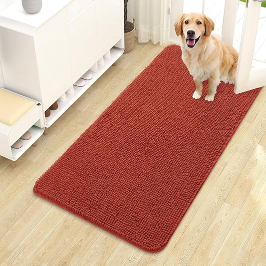 OLANLY Dog Door Mat for Muddy Paws 44x24, Absorbs Moisture and Dirt, Absorbent Non-Slip Washable Doormat, Quick Dry Chenille Mud Mat for Dogs, Entry Indoor Entryway Carpet for Inside Floor, Maple Red