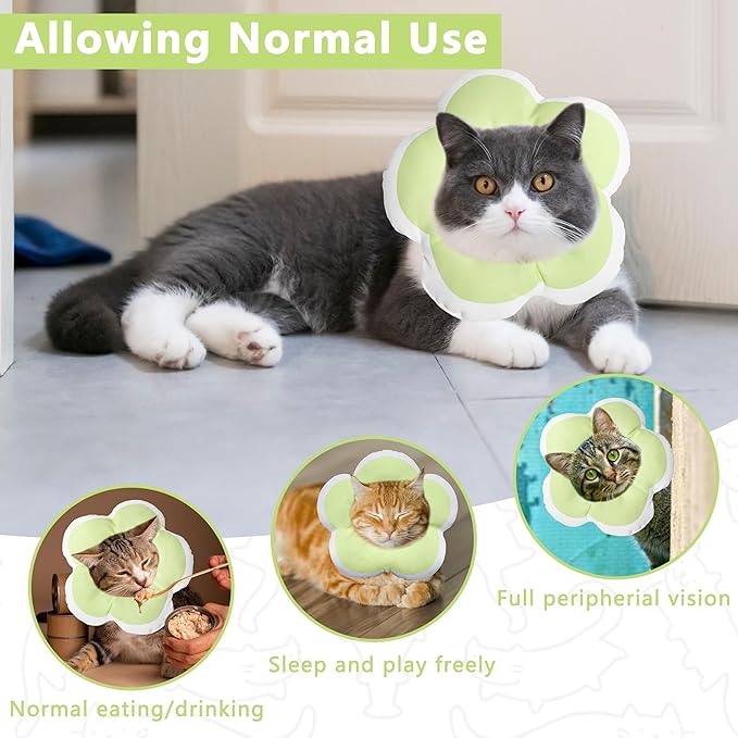 Cat Cone Collar Soft, Waterproof Cats Cones to Stop Licking After Surgery, Adjustable Soft Elizabeth Cats Collars for Wound Healing, Flower Shape Cat Recovery Collar (Green, Medium)
