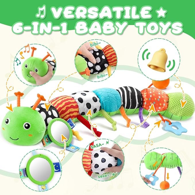 Baby Toys 0-6-12 Months,Musical Caterpillar Stuffed Animals Activity Infant Toys with Crinkle,Rattles,Mirror&Pull String,Muti-Sensory Toys Gifts for Newborn Tummy Time,Green,Knot prolegs
