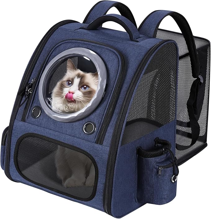 Extension Cat Carrier Backpack with Transparent Bubble Window,Dogs Backpack Carrier with Breathable Mesh Travel Bag, Portable Space Capsule Design with Foldable for Pets (Blue)