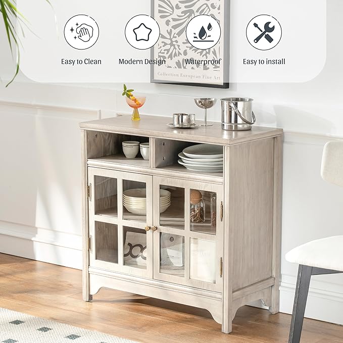 Chogori 31.5" Solid Wood Buffet Cabinet with Storage, Farmhouse Sideboard with 2 Doors, Coffee Bar Cabinet for Dining Room, Kitchen, or Living Room, Gray