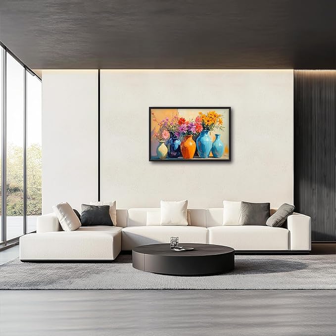 Large Colorful Floral Wall Art for Living Room, Framed Oversized Asian Flower Vase Decor Canvas Painting Sunlight Pictures Modern Artwork for Bathroom Bedroom Office Dining Room 36"x24"