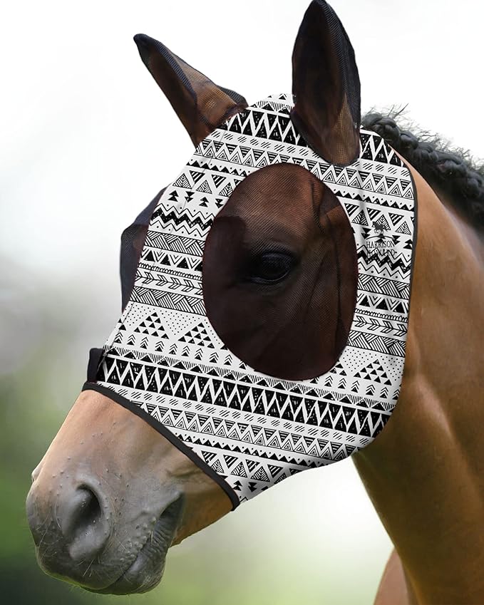 Harrison Howard Super Comfort Stretchy Fly Mask Large Eye Space with UV Protection Soft on Skin with Breathability Doodle Aztec Full Size