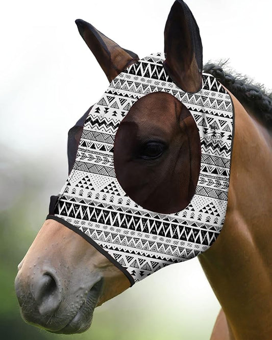 Harrison Howard Super Comfort Stretchy Fly Mask Large Eye Space with UV Protection Soft on Skin with Breathability Doodle Aztec M Cob