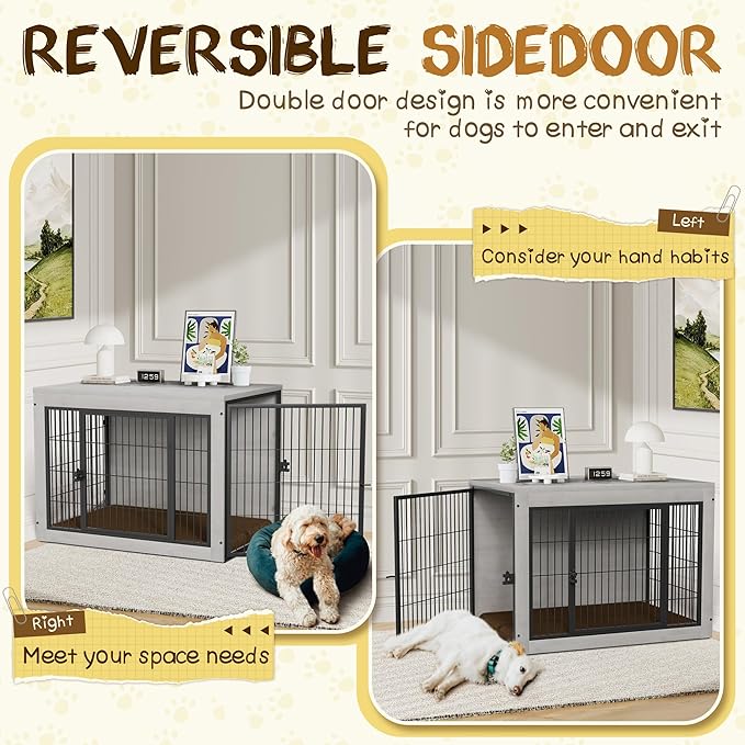 Bigrab Dog Crate Furinture with Thick Cushion, Side End Table Wooden Dog Cage with Double Doors, Chew-Resistant Dog Kennel Dog House Indoor for Small to Large Dog, M (Grey)