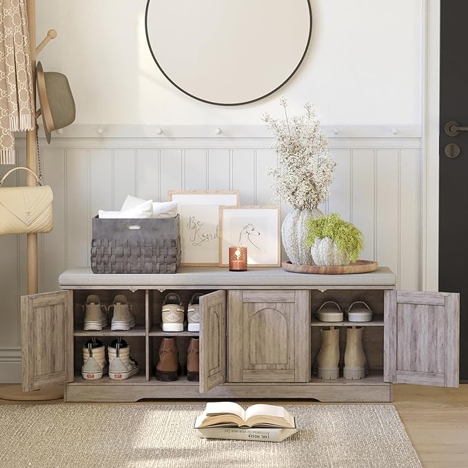 DINZI LVJ Shoe Bench, Entryway Storage Bench with Doors, Cushion, 2-Tier Shoe Rack with 8-Cubby, 47.2”L x 13.8”W Shoe Organizer Cabinet, Adjustable Shelf, Living Room, Bedroom, Greige