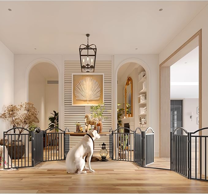 BHG Metal No-Assembly Freestanding Dog Gate with Door Walk Through, Extra Wide 96", Extra Tall 32" Pet Gate, Accordion Puppy Folding Playpen Dog Fence for Indoor & Outdoor, with 2PCS Support - Black