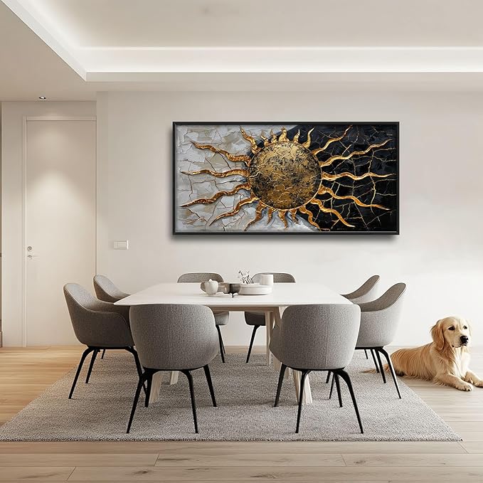 Quorin Golden Sun Large Wall Art Abstract Day and Night Pictures Black and Golden Wall Decor Canvas Print Painting Artwork for Bathroom Living Room Bedroom 60L x 30W