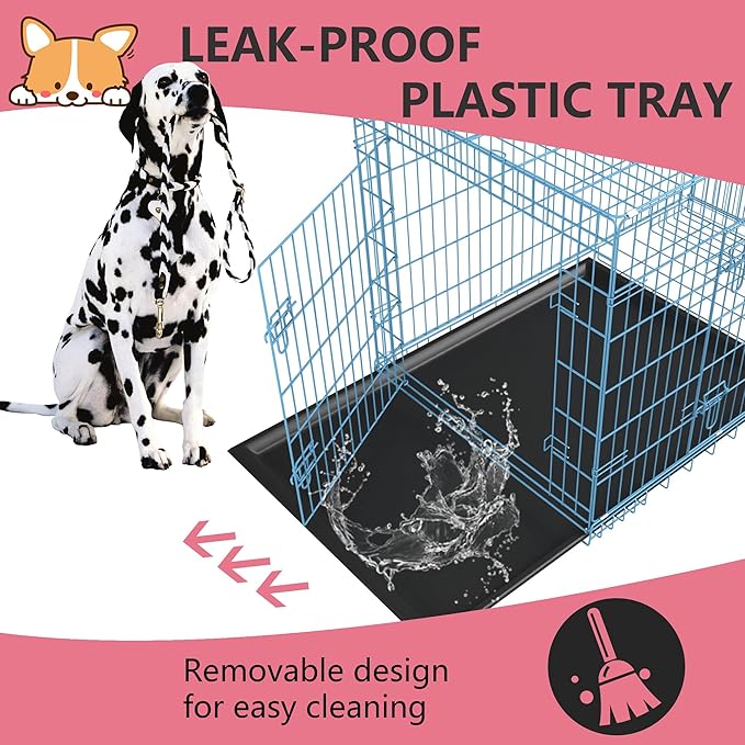 FDW Dog Crate for Large Dogs 48 Inch Folding Metal WirePet Cage Double Door W/Divider Panel Indoor Outdoor Kennel Leak-Proof Plastic Tray,Blue