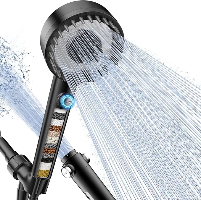 Filtered Shower Head with Handheld, High Pressure 4 Spray Mode Showerhead with Filters, Water Softener Beads for Hard Water with ON/OFF Switch for Pets - Remove Chlorine