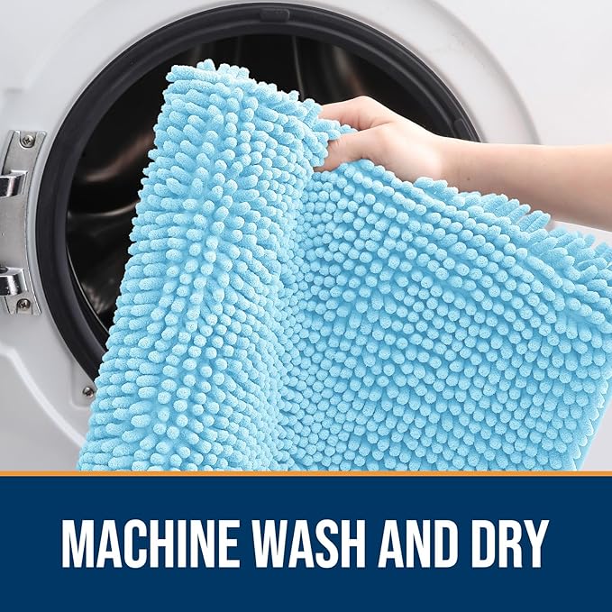 OLANLY Dog Door Mat for Muddy Paws 47x17, Absorbs Moisture and Dirt, Absorbent Non-Slip Washable Doormat, Quick Dry Chenille Mud Mat for Dogs, Entry Indoor Entryway Carpet for Inside Floor, Blue