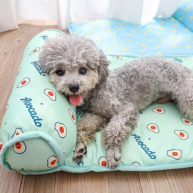 PUMYPOREITY Cooling Dog Bed, Pet Cooling Mat with Pillow, Ice Silk Cooling Dog Blanket, Self Cooling Pad for Cat,Dog, Washable Summer Pet Mat for Kennel, Crates, Sofa, Floor, Pink, S