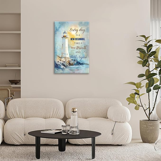 Ocean Lighthouse Pictures Wall Art, Coastal Nautical Bathroom Wall Decor Every Day is a New Beginning Motivational Quote Framed Painting Canvas Artwork for Bedroom Living Room Decorations 24"L x 16"W