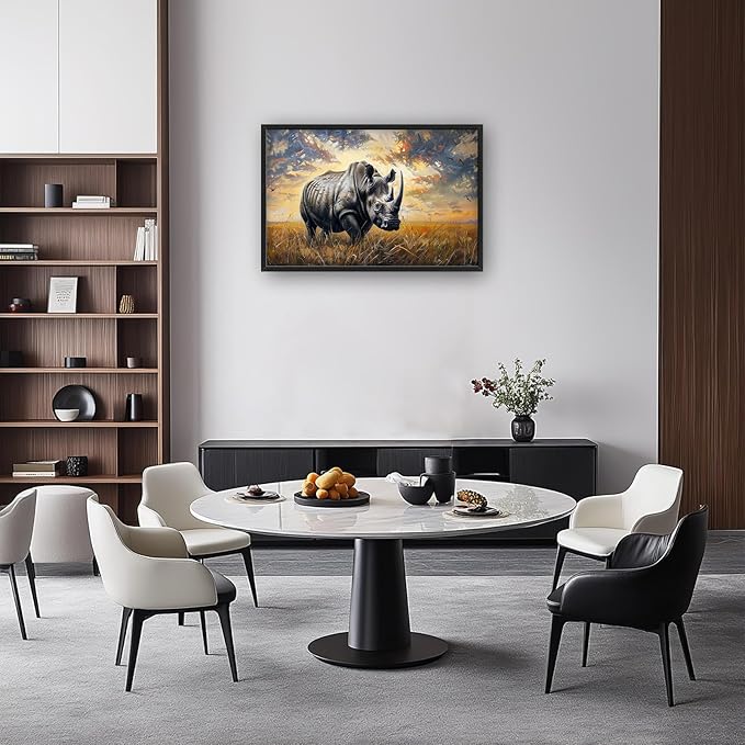 Rhino Large Wall Art Rustic Cool Wild Animal Rhinoceros Pictures Sunset Field Landscape Wall Decor Canvas Print Painting Artwork for Bathroom Living Room Bedroom 36L" x 24W"