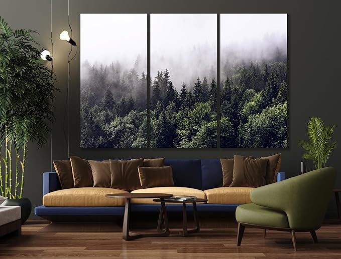 Nature Wall Art Prints - Ocean Forest Mountain Lake Canvas Landscapes - Small to Extra Large Living Room Bedroom Kitchen Bathroom Décor (Foggy Pine Forest, 60x40 Inches - 5 Panels)