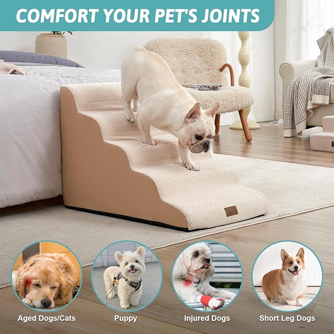Extra Wide Dog Stairs 19.7" Width, Pet Step for Small Medium/Large Dog, Puppy or Cat, Pet Ramp for High Bed or Car, High Density Foam Ladder, Stable, 5 Step, 19.7x33x22.4 in, Beige